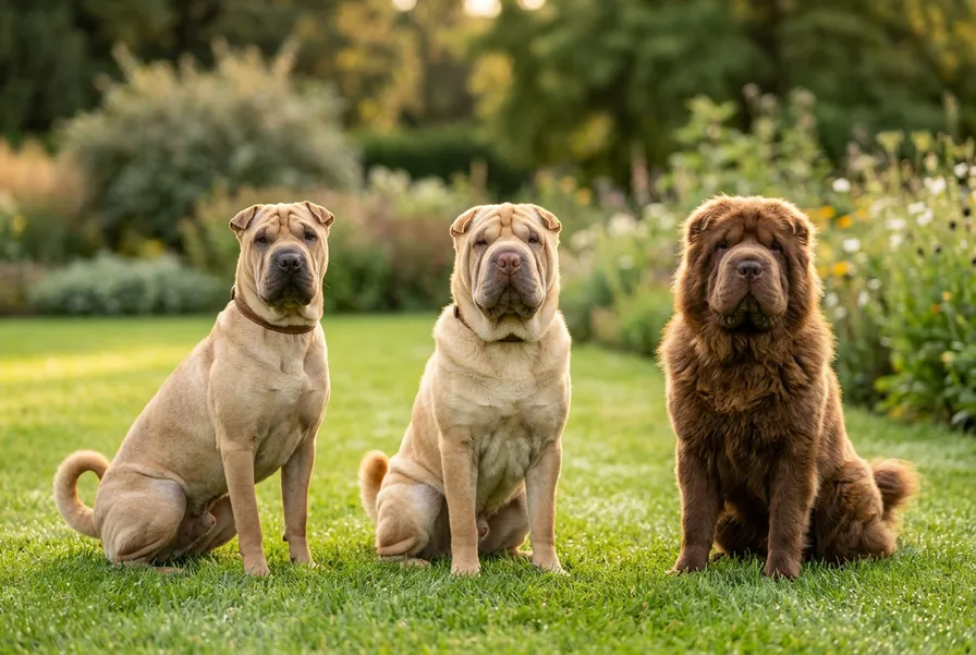 Trzy Shar-Pei o różnych typach okrywy - horse coat, brush coat i bear coat