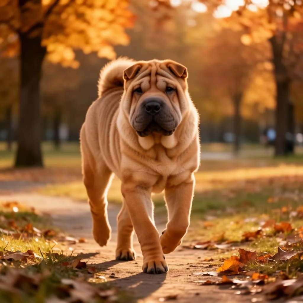 Dorosły Shar-Pei na spacerze w parku - elegancka sylwetka i spokojny temperament