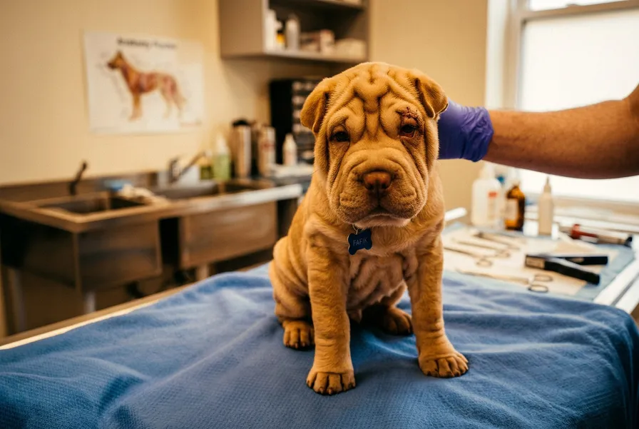 Diagnostyka entropiumu u Shar-Pei - podwinięcie powieki powodujące podrażnienie rogówki