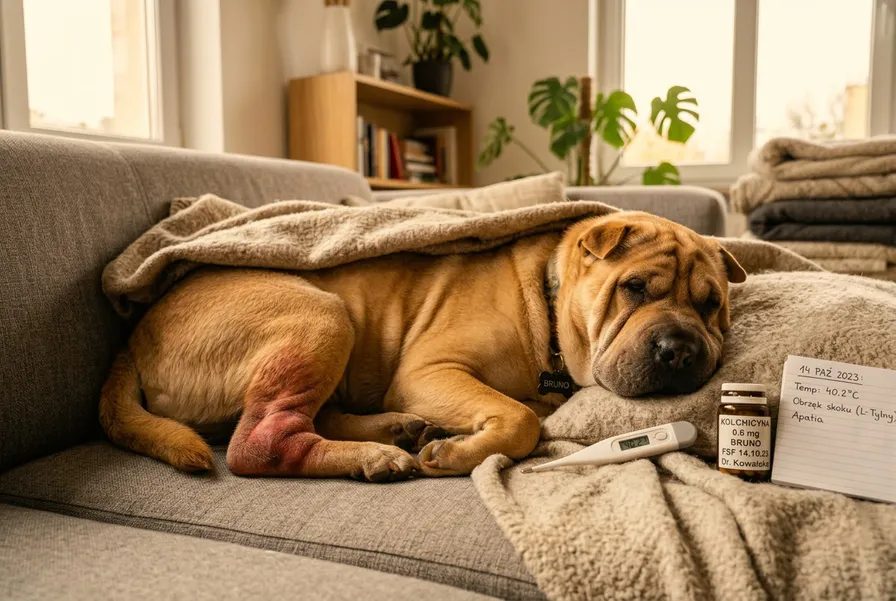 Shar-Pei z gorączką rodzinną FSF - objawy obrzęku stawów skokowych i nawracającej gorączki powyżej 40°C